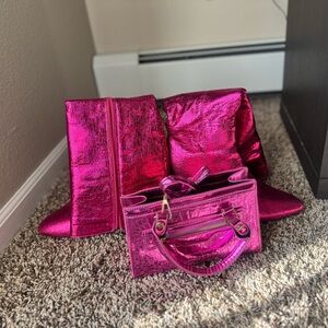 Metallic Pink Handbag with boots
